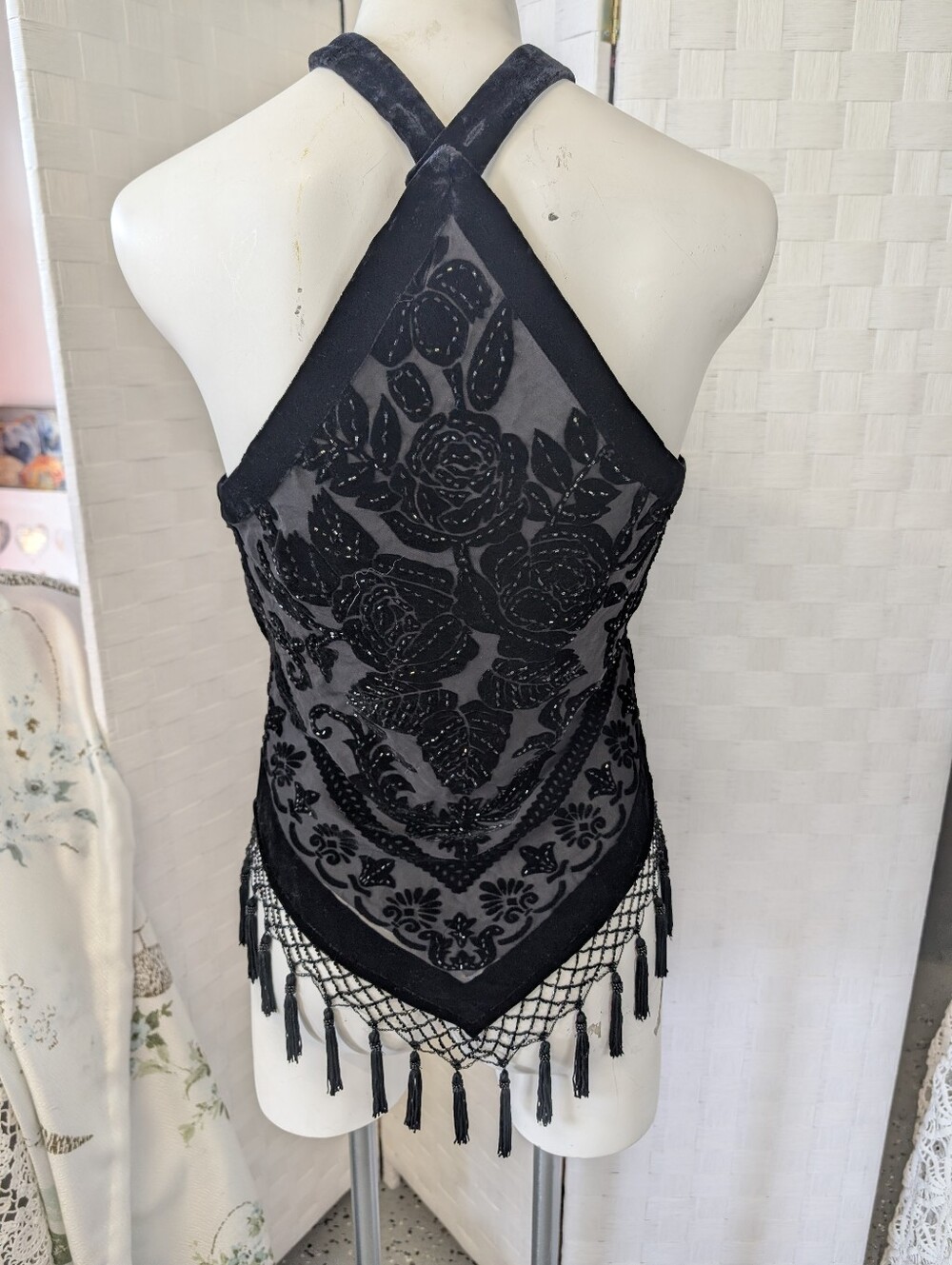 Vintage Cache Black Sheer Halter Floral Velvet Burnout Top with Fringe Sz M - Picture 3 of 4